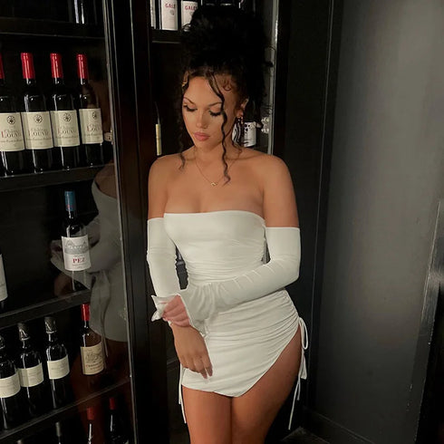 Sexy Off Shoulder Long Sleeve Pleated Tight Fit Dress for Women Party Club Evening